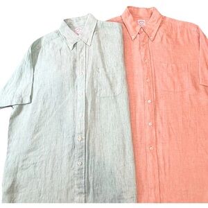 Brooks Brothers Irish Linen Shirt Lot Of 2 Mens Large Orange Green Short Sleeve